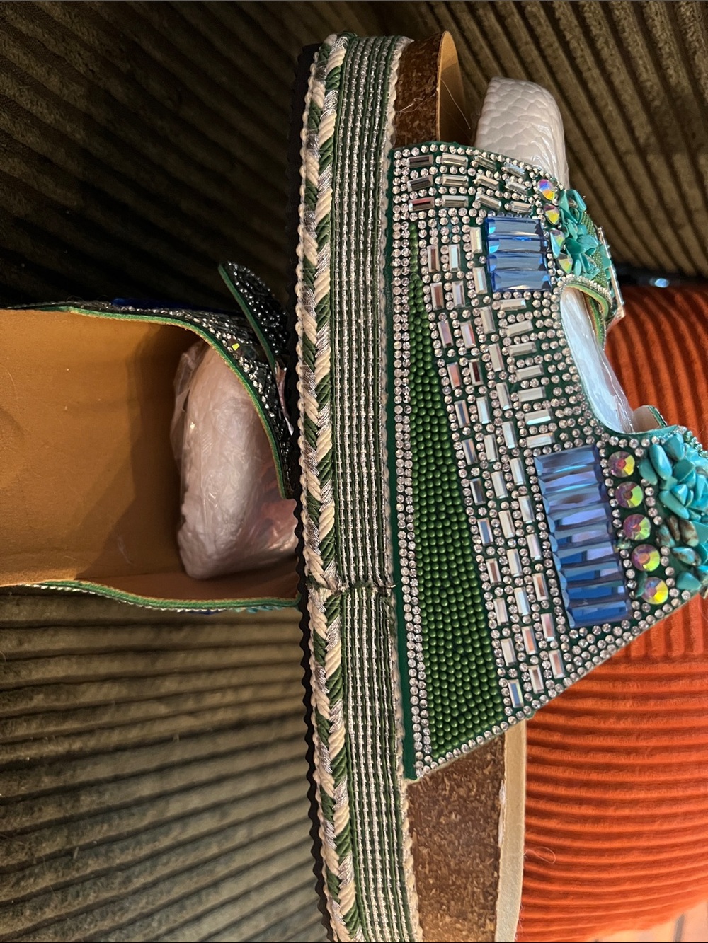 Women’s Turquoise, Blue &Green with Sparkle Accents Double-Buckle Slide Sandals - Picture 10 of 10